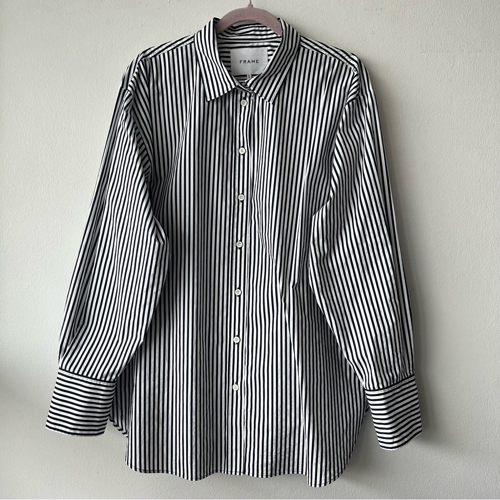 Frame Denim Black and White Striped Button-Down Shirt